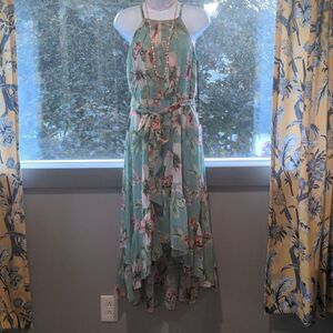 Vince Camuto Printed Chiffon Halter Dress High Low Sage 12